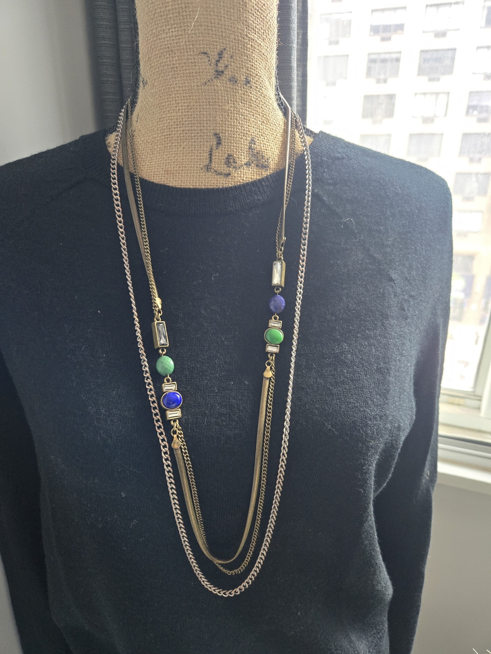 Multi-Strand Gold Tone Necklace with Blue and Green Accent Stones